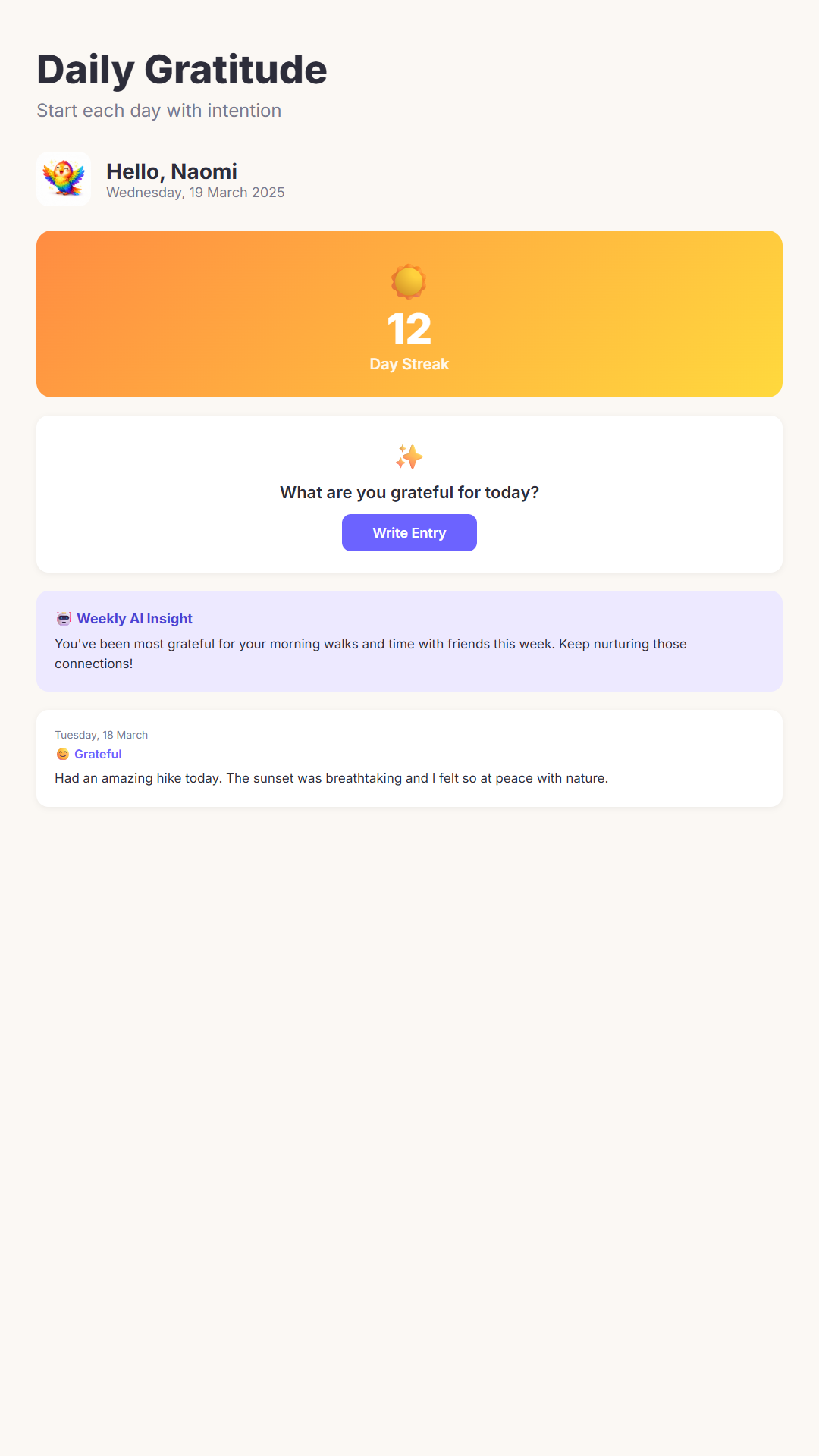 Daily Gratitude home screen with streak tracking and AI insights
