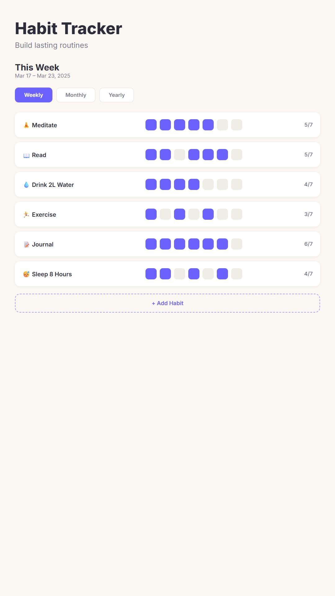 Habit tracker with weekly progress view