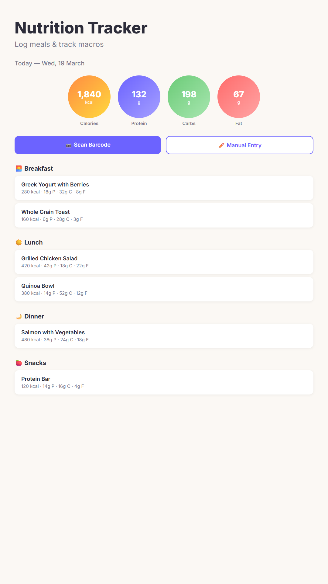 Nutrition tracker with macro tracking and meal logging