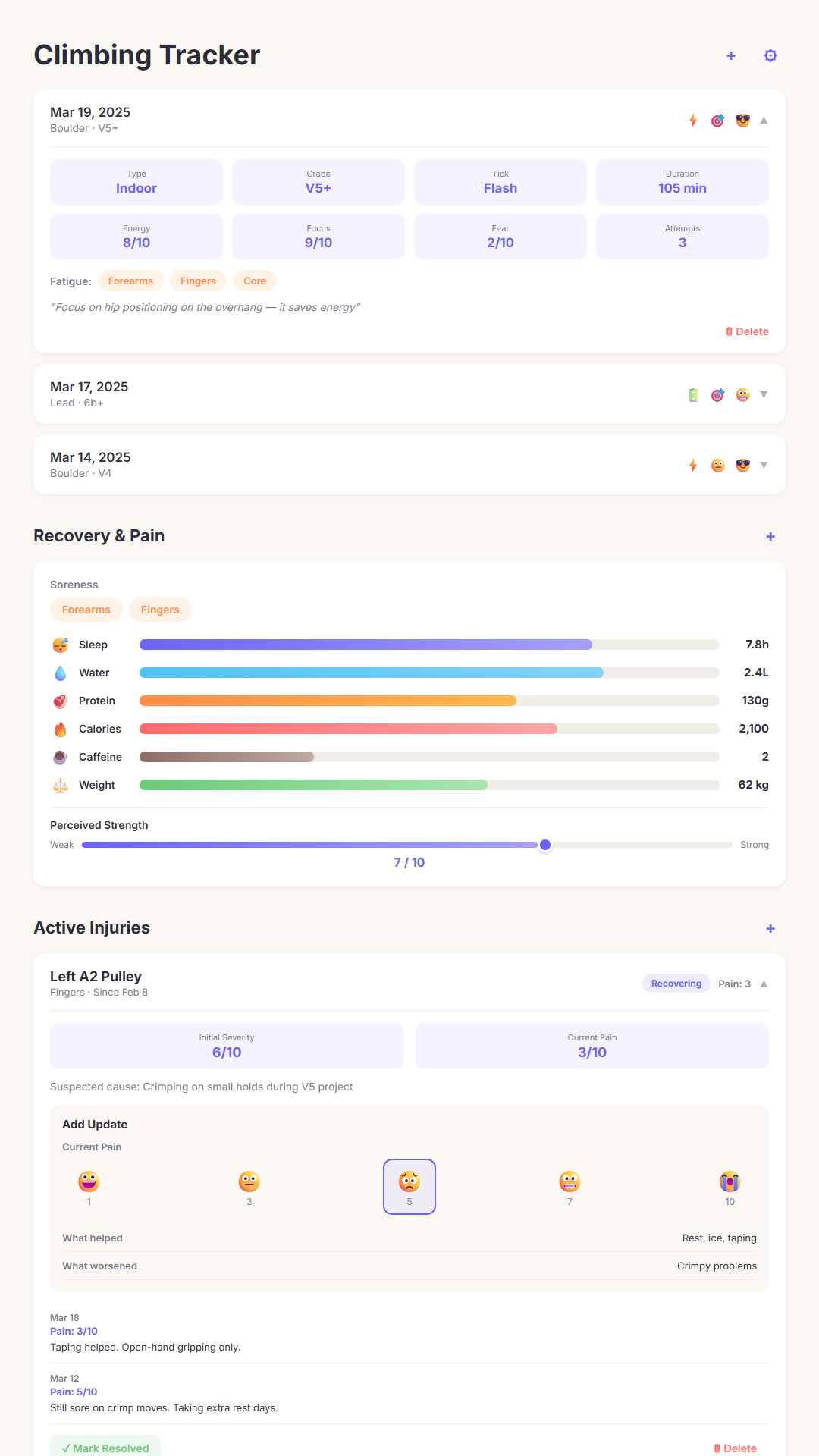 Climbing tracker with session logs, recovery and injury tracking